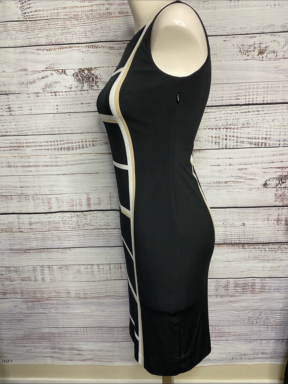 Joseph Ribkoff Black Midi Dress with White and tan Stripes - Picture 4 of 6